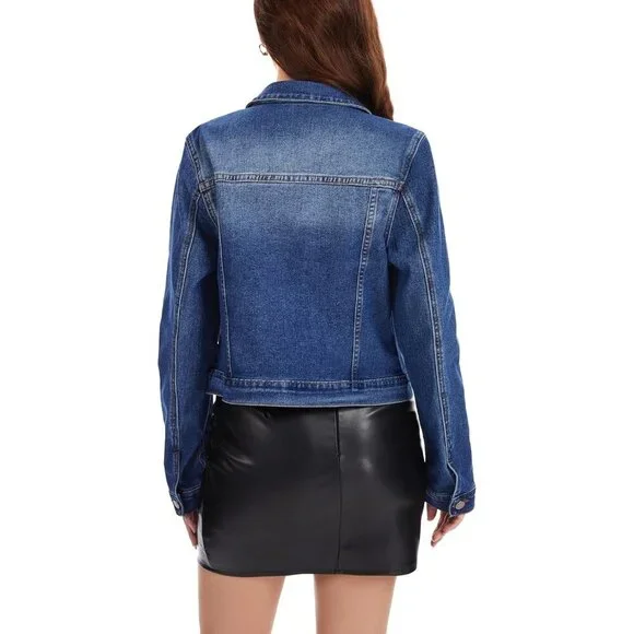 andy & natalie Womens Jean Jacket Stretch Cropped Button Down Denim Jackets - Picture 6 of 7